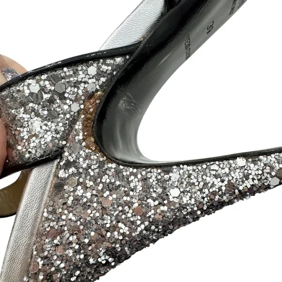 MIU MIU 2006 RUNWAY SILVER GLITTER STILETTO SANDALS w/CRYSTAL EMBELLISHMENTS